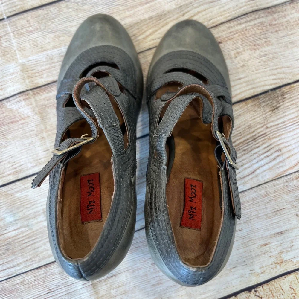 Miz Mooz Grey Leather Mary‎ Jane Pumps Strappy Cone Heels Womens 7.5